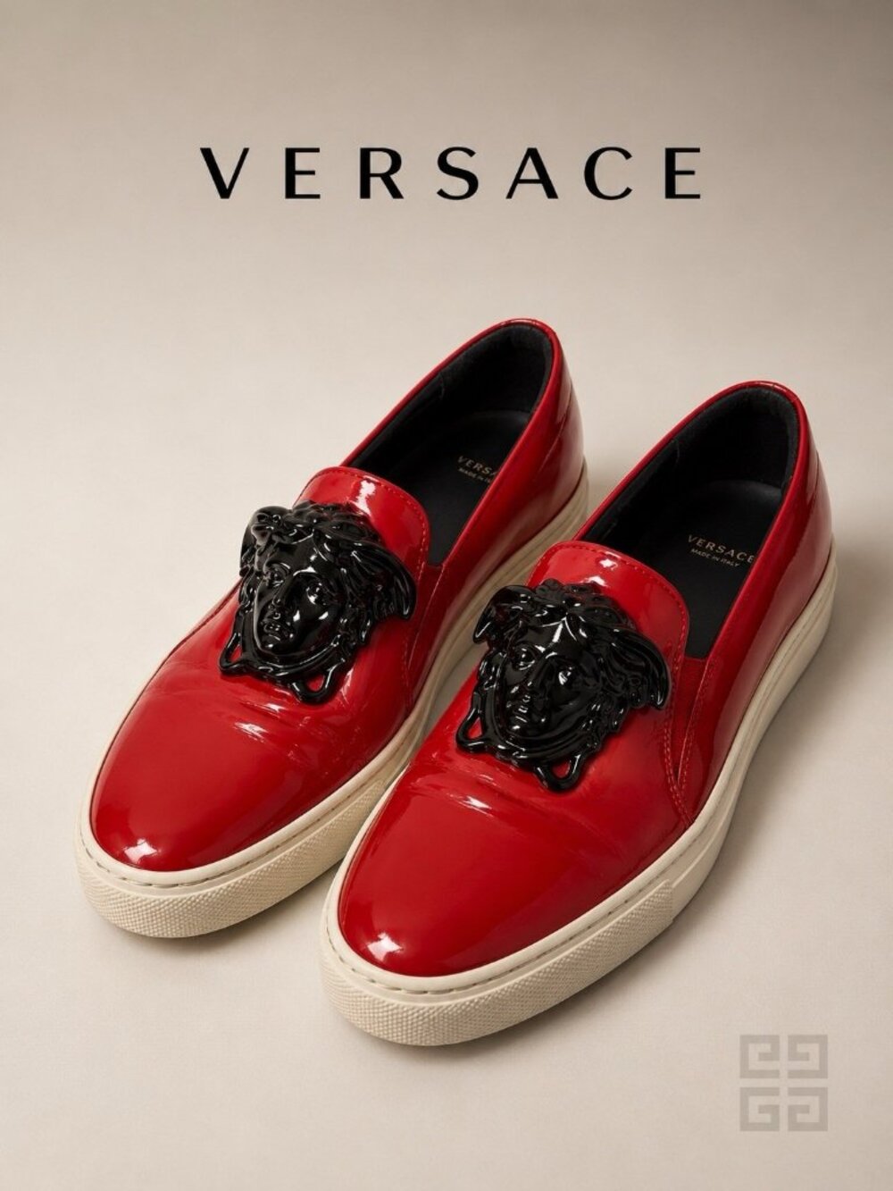 Versace Medusa Patent Leather Slip-On Sneakers Red Black EU 39 Preloved Italy